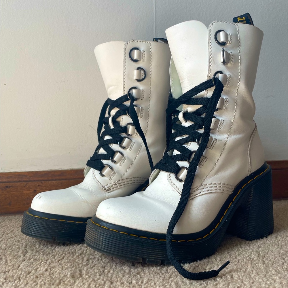 Doc Martens White Chesney Leather Flared Heel Lace  Up Boots